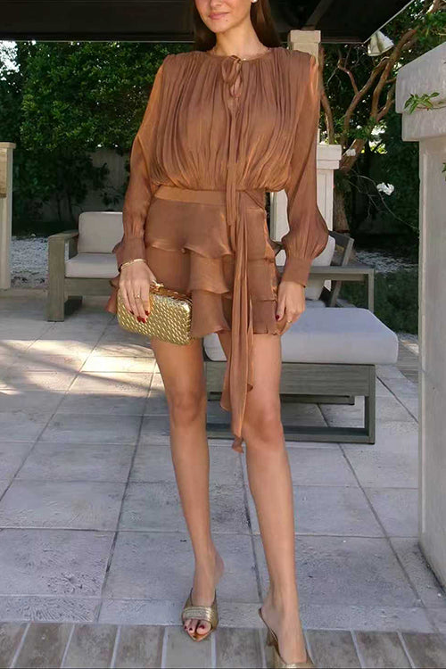 Karleedress Lantern Long Sleeves Draped Ruffle Layered Mini Dress with Shorts