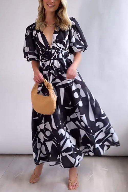 Karleedress V Neck Half Sleeves Waisted Printed Maxi Swing Dress