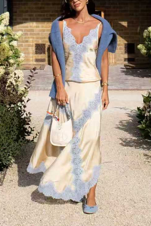 Karleedress Adjustable Strap V Neck Lace Trim Satin Top