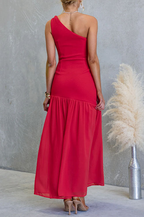 One Shoulder Sleeveless Ruffle Slit Solid Maxi Dress