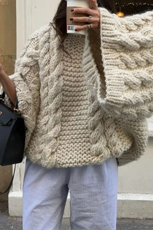 Karleedress Round Neck Oversized Cable Knit Sweater
