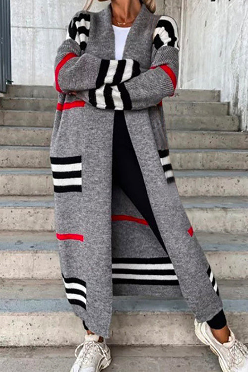 Karleedress Open Front Color Block Striped Splice Long Sweater Cardigan