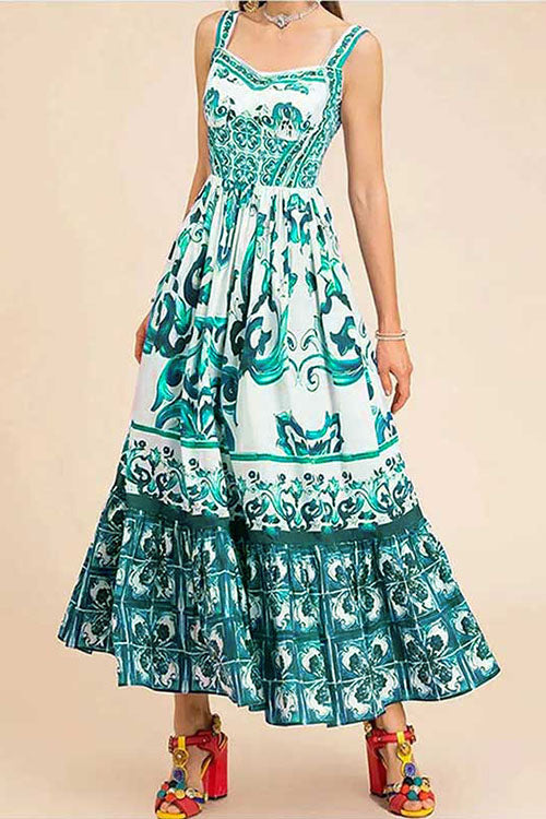 Karleedress V Neck Waisted Floral Print Swing Maxi Cami Dress