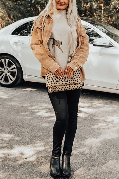 Karleedress High Neck Side Slit Cheetah Pattern Sweater