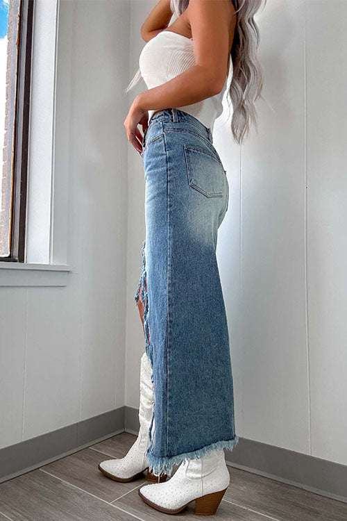 Karleedress Frayed High Low Hem Distressed Maxi Skirt