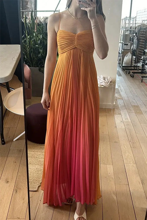 Spaghetti Strap Back Lace-up Gradient Pleated Maxi Dress
