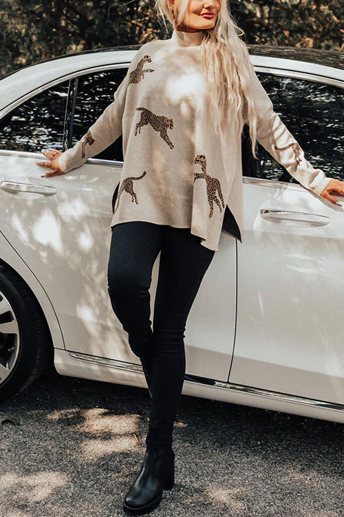 Karleedress High Neck Side Slit Cheetah Pattern Sweater