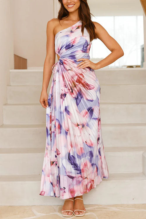 Karleedress One Shoulder Sleeveless Cut Out Floral Print Pleated Maxi Dress