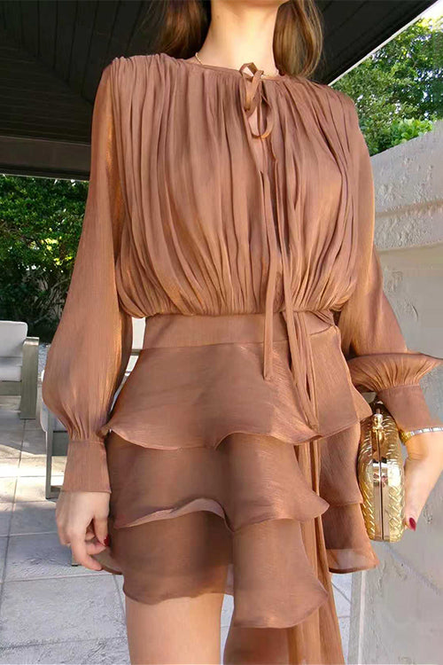 Karleedress Lantern Long Sleeves Draped Ruffle Layered Mini Dress with Shorts