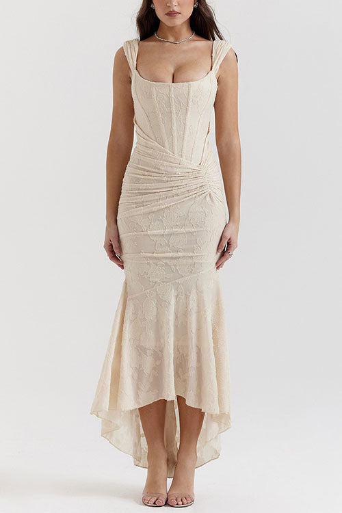 Karleedress Sleeveless Ruched Waist Ruffle Hem Jacquard Maxi Dress