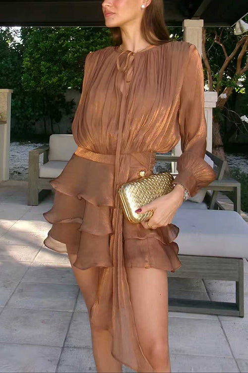 Karleedress Lantern Long Sleeves Draped Ruffle Layered Mini Dress with Shorts