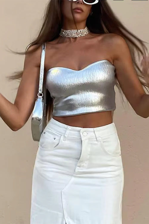 Karleedress Strapless Metallic Crop Tube Top