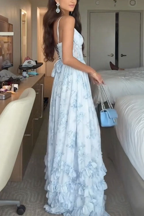 Karleedress Back Lace-up Ruffle Hem Slit Floral Print Maxi Cami Dress