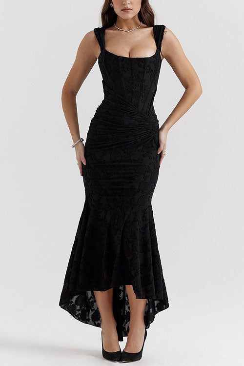 Karleedress Sleeveless Ruched Waist Ruffle Hem Jacquard Maxi Dress