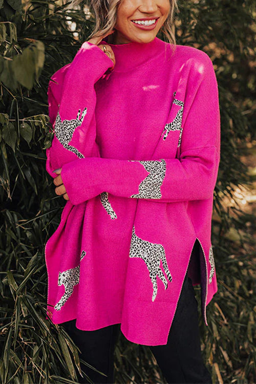Karleedress High Neck Side Slit Cheetah Pattern Sweater