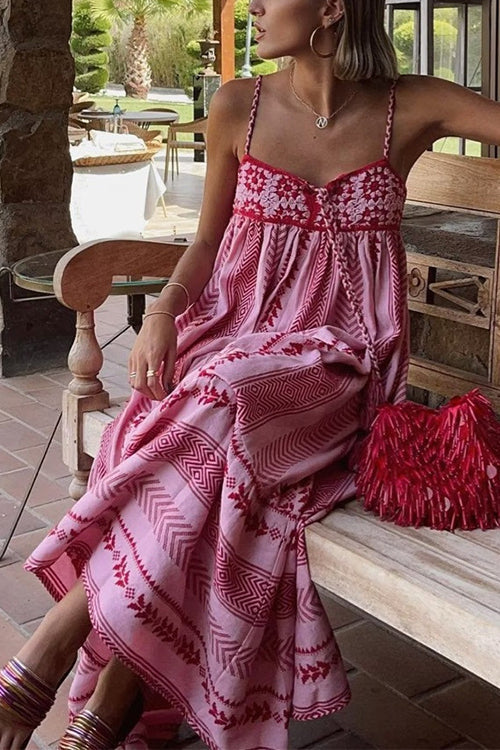 Karleedress Crochet Top Printed Flowy Ruffle Maxi Cami Dress