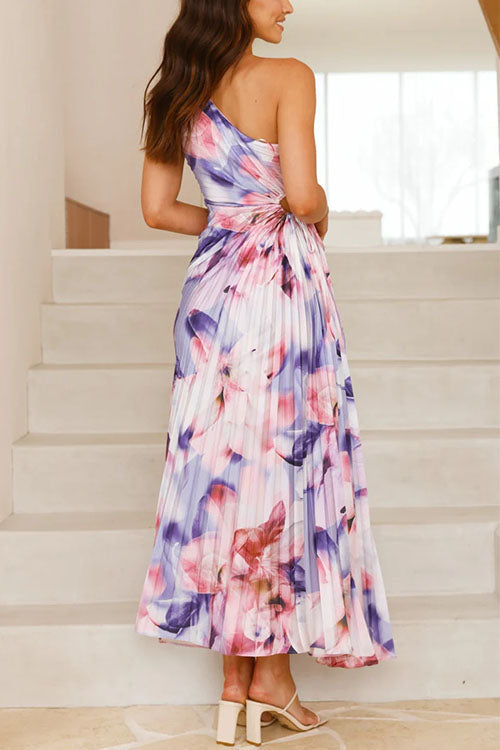 Karleedress One Shoulder Sleeveless Cut Out Floral Print Pleated Maxi Dress