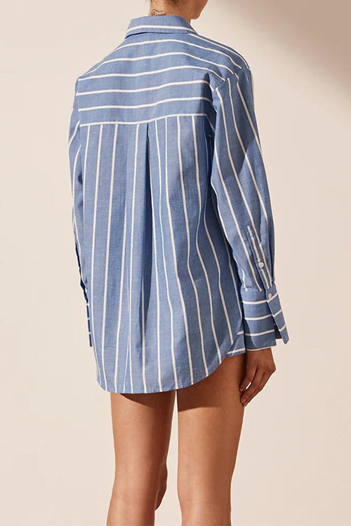 Karleedress Striped Long Sleeves Curve Hem Shirt and High Rise Shorts Set