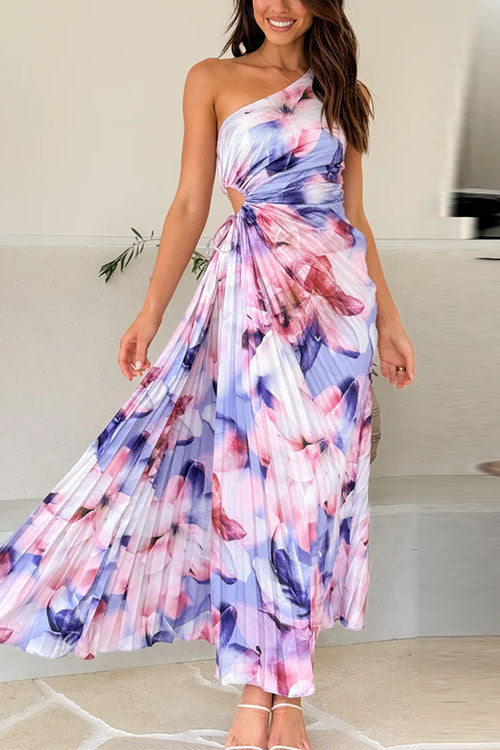 Karleedress One Shoulder Sleeveless Cut Out Floral Print Pleated Maxi Dress