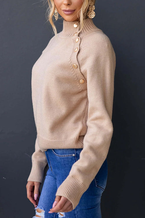 High Neck Buttons Ribbed Knit Casual Sweater