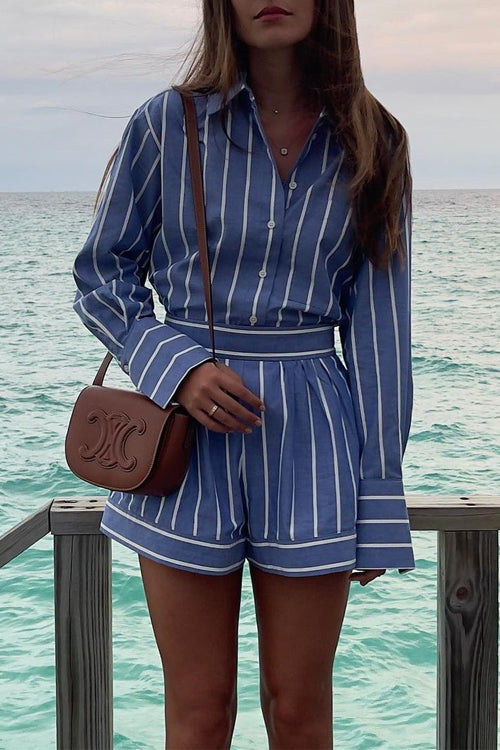 Karleedress Striped Long Sleeves Curve Hem Shirt and High Rise Shorts Set
