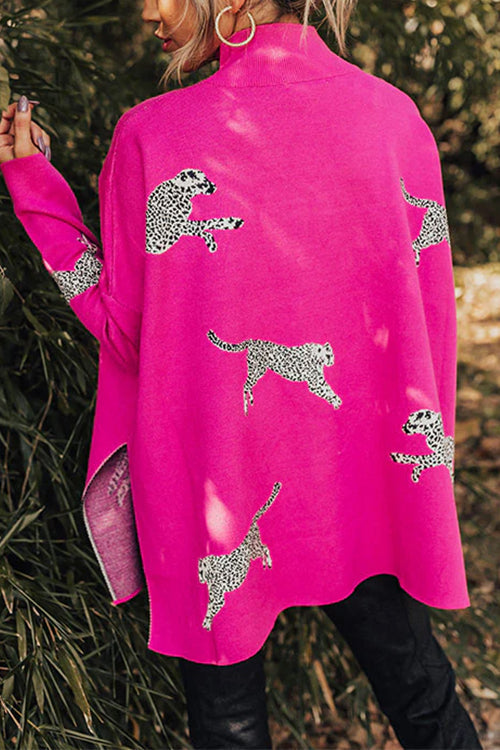Karleedress High Neck Side Slit Cheetah Pattern Sweater