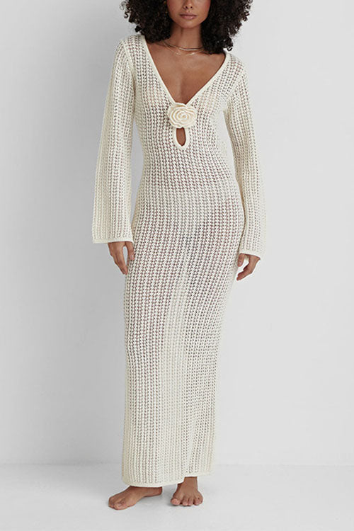 Karleedress V Neck Long Sleeves Backless Crochet Hollow Out Knit Maxi Dress