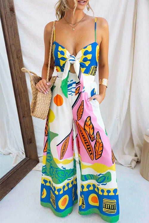 Karleedress Spaghetti Strap Cut Out Unique Print Wide Leg Jumpsuit