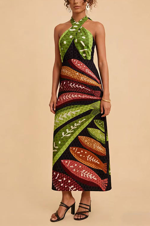 Karleedress Halter Neck Backless Fish Print Maxi Dress