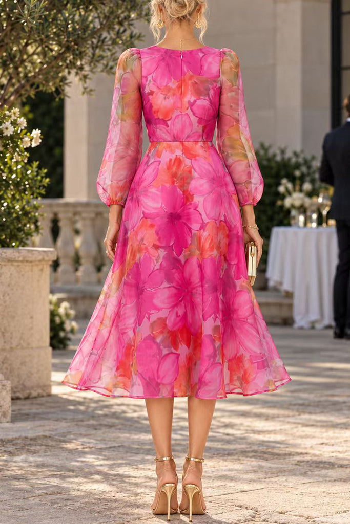 Karleedress Floral Print Long Sleeve A-Line Organza Midi Dress