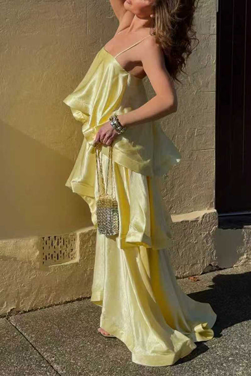 Karleedress Adjustable Strap Ruffle Layered Satin Maxi Dress