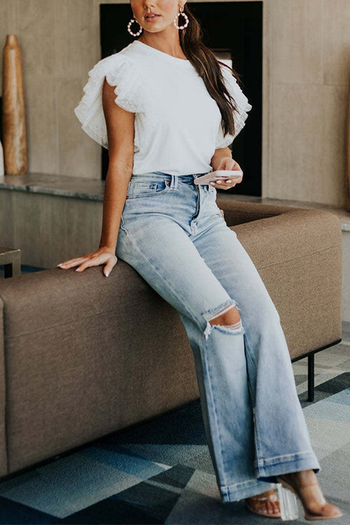 Karleedress Round Neck Polka Dot Ruffle Short Sleeves Top