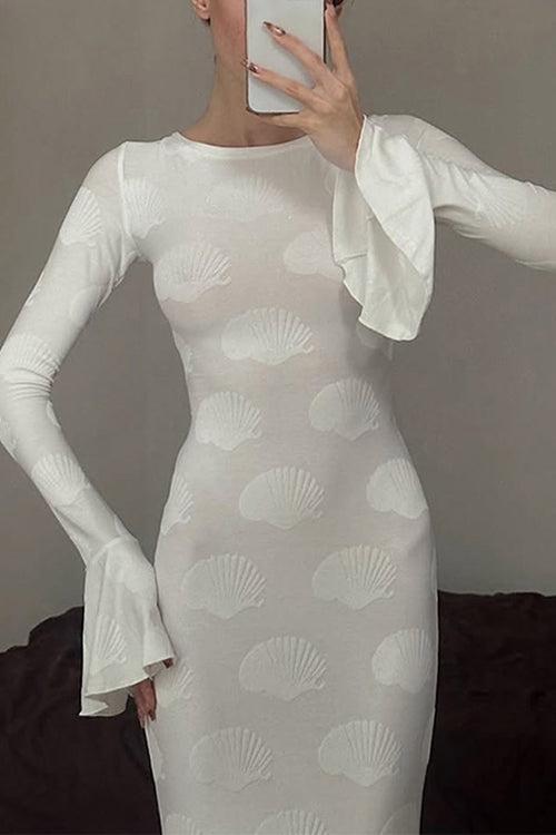 Karleedress Bell Long Sleeves Backless Lace-up Shell Print Maxi Dress