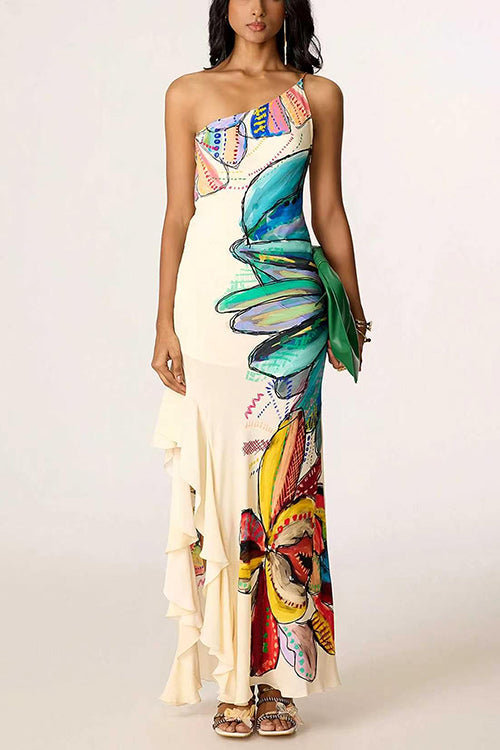 One Shoulder Floral Print Ruffle Hem Slit Maxi Dress