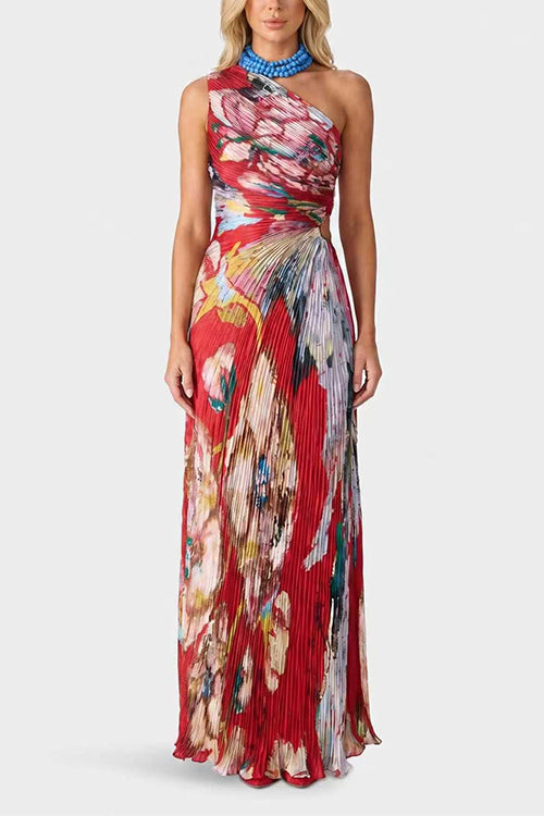 One Shoulder Sleeveless Cut Out Waist Floral Print Maxi Dress