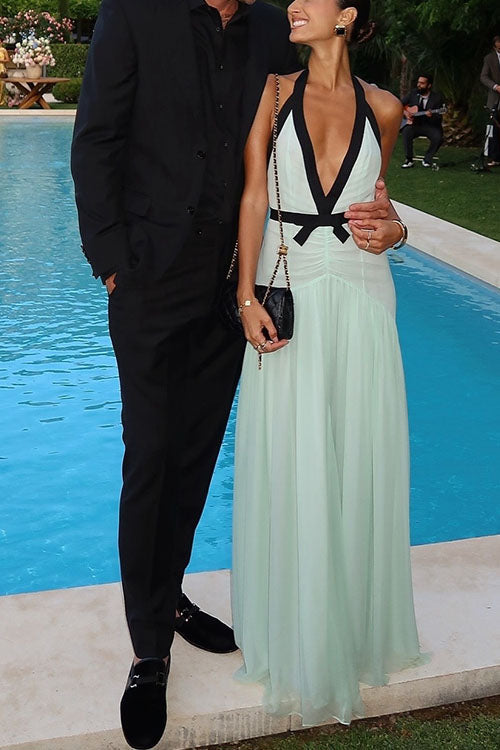 Karleedress Deep V Neck Halter Backless Color Block Bow Maxi Dress