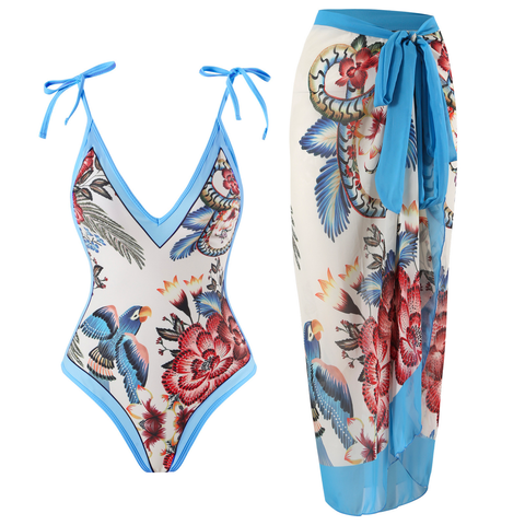 Karleedress Floral Print V Neck Tie Shoulder One-piece Swimwear and Wrap Cover Up Skirt Set