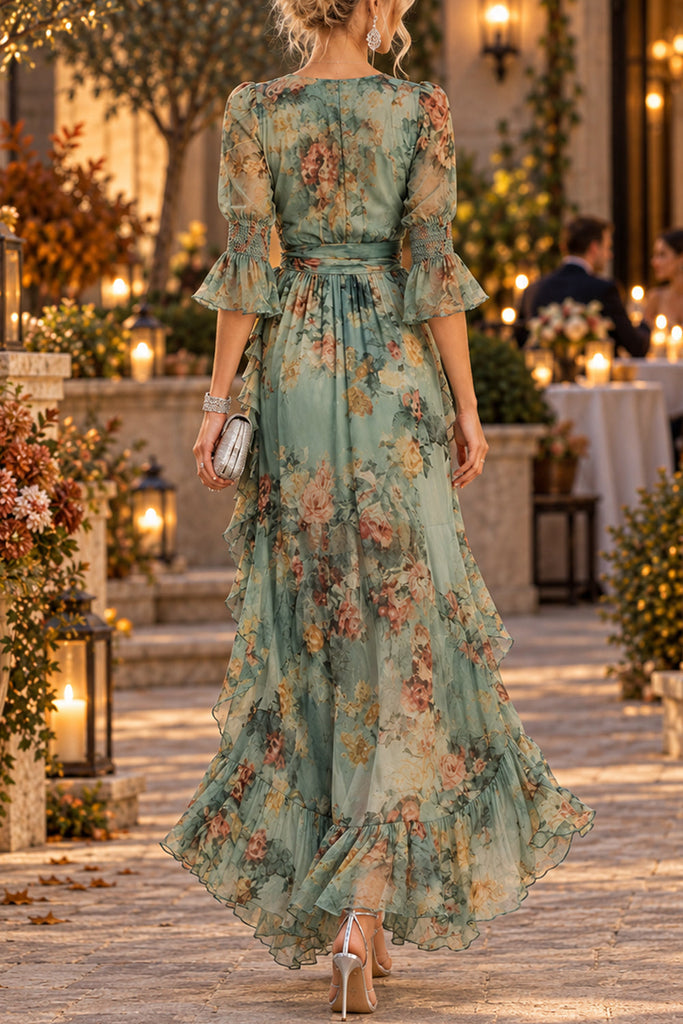 Karleedress V Neck Floral Print High Low Hem Ruffle Maxi Dress