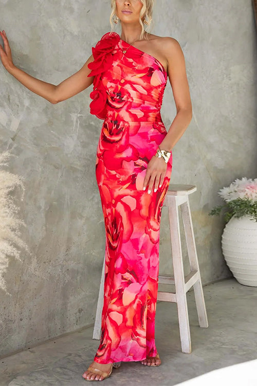 Karleedress Ruffle One Shoulder Floral Print Bodycon Maxi Dress