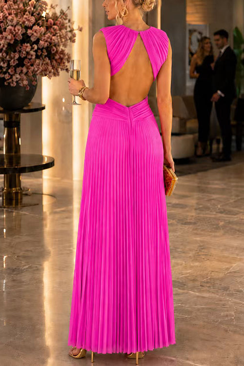 Karleedress Crewneck Sleeveless Open Back Pleated Maxi Dress