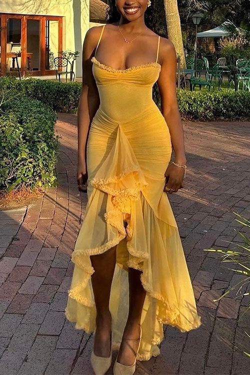 Karleedress Spaghetti Strap Frill Trim Draped Slit Maxi Dress