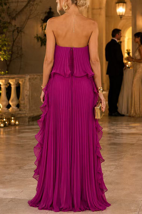 Karleedress Strapless Tube Ruffle Hem Pleated Maxi Dress