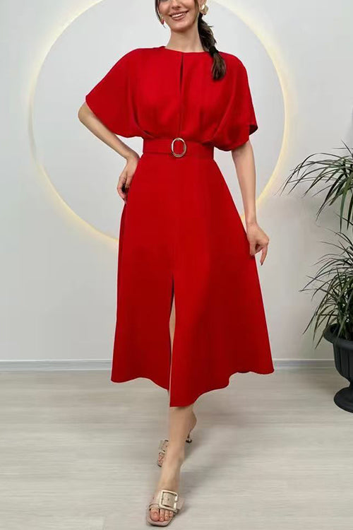 Karleedress Crewneck Short Sleeves Belted Slit Midi Dress