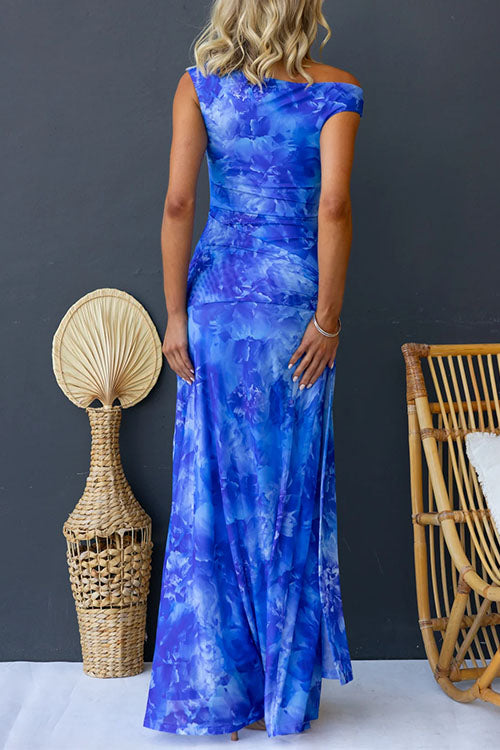 Asymmetric Shoulder Ruched Waist Floral Print Maxi Dress