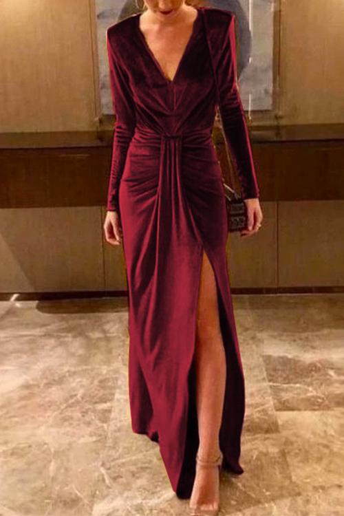 Karleedress Deep V Neck Slit Ruched Velvet Party Dress(5 Colors Available)