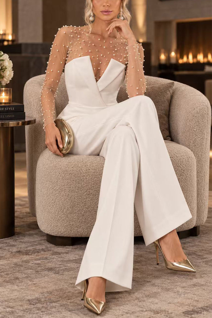 V Neck Strapless Pocketed Wide Leg Jumpsuit (A)