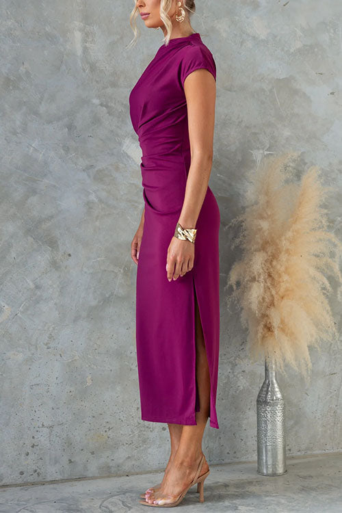 Ruched Cap Sleeve Side Slit Bodycon Midi Dress