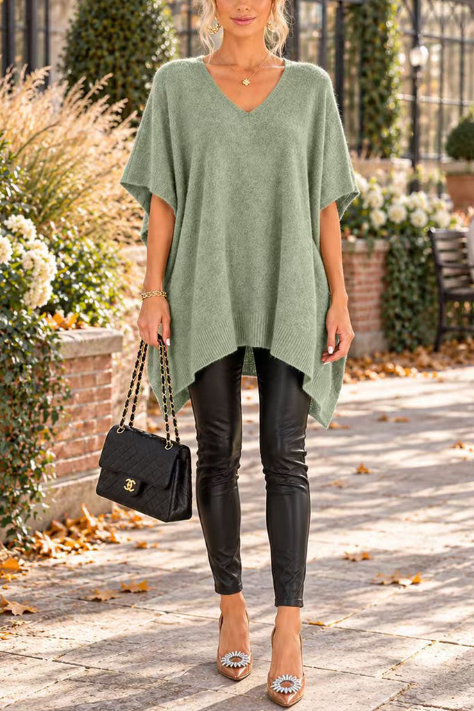 V Neck Loose Fit Solid Poncho Sweater (A)