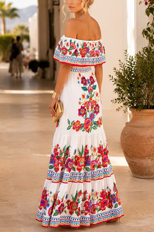 Karleedress Off Shoulder Floral Print Ruffle Maxi Dress