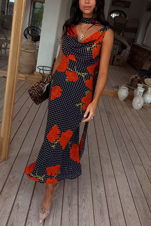 Karleedress Cowl Neck Backless Floral Print Maxi Dress with Scarf